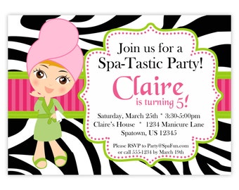 Spa Party Invitation - Lime, Hot Pink and Zebra Print, Cute Little Spa Girl Personalized Birthday Party Invite - a Digital Printable File