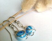 Blue and White Spiral Swirl Earrings, Wire Wrapped Earrings Handmade, Dangle Earrings