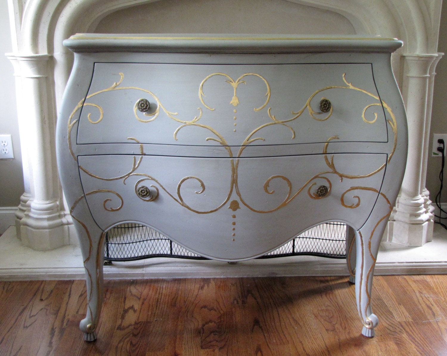 Bombe Chest 2 Drawer Painted French Gray Trimmed in Gold