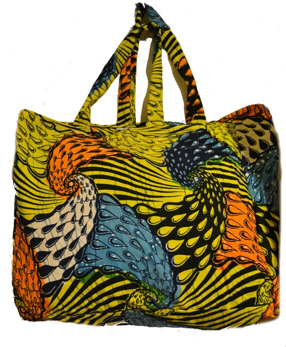 Large African Wax Fabric Print Tote Bag by AfricanVioletDesigns