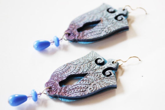 Blue and Silver Art Nouveau Lasercut Wooden Earrings with Czech Glass Drops OOAK