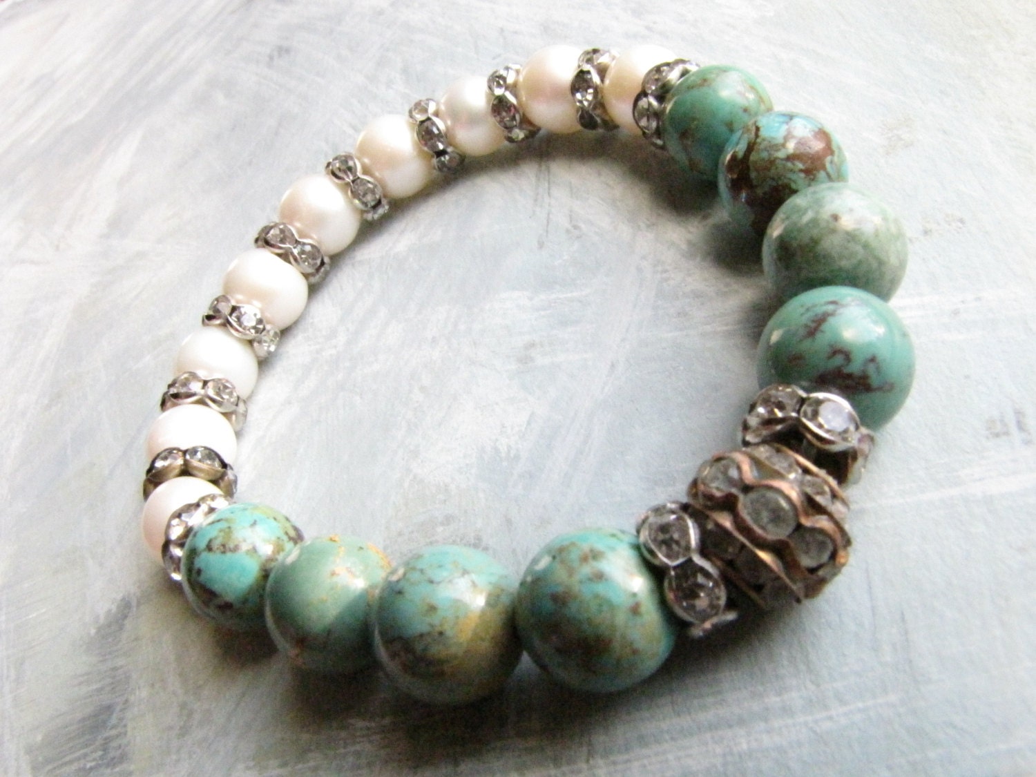 Kingman Turquoise and Pearl Bracelet / Vintage Rhinestone