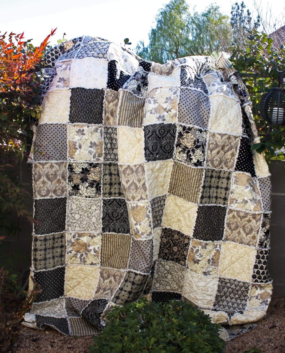 RAG Quilt Queen Size Neutral Tones Black Cream Tan and
