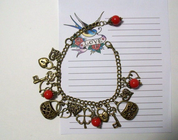 Heart bracelet. Valentines Day. Be mine. Antiqued bronze heart charms ...