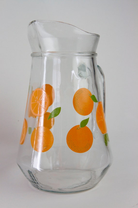 Vintage Glass Orange Juice Pitcher with Oranges