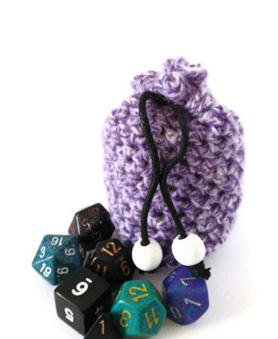 Purple Dice Bag Small Knit Coin Purse Crochet Drawstring