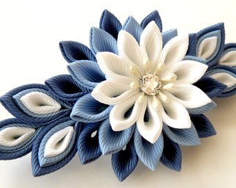 Kanzashi fabric flower french barrette. Blue and white.