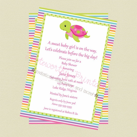 Printable Turtle Girl Baby Shower Invitation