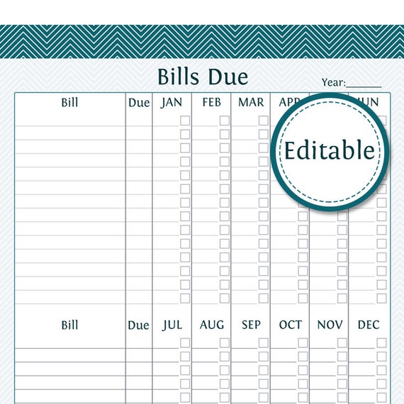 Bills Due Fillable Instant Download Printable PDF
