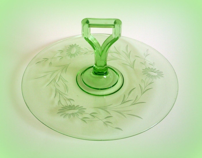 Vintage Depression Glass Lime Green Handled Etched Sandwich Serving