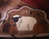 Primitive Hooked Rug PATTERN On Linen- 'Sheep and Pumpkins'-  27" x 18"