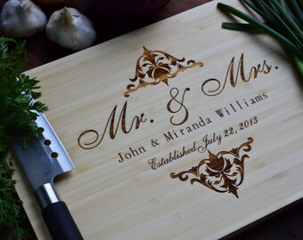 Personalized Mr. and Mrs. Engraved Cutting Board, Bamboo Wood for Wedding, Anniversary Gift