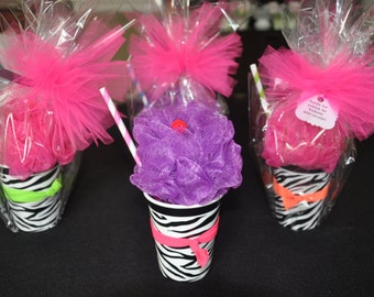 Girls Spa Party Favor Bath Puff Smoothie filled with Nail Polish, Hair-tie, and Lip Gloss