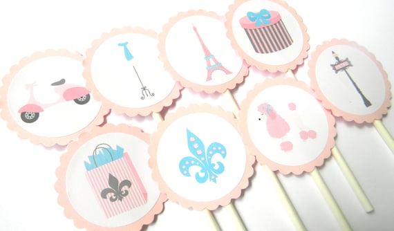 12 Fancy Paris Cupcake Toppers, Paris Theme, First Birthday, Tea Party, Baby Shower, Parisian Theme, Birthday Toppers, Parisian Birthday Il_570xn