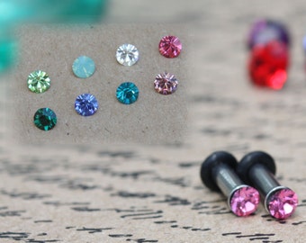 Tiny swarovski crystal stainless steel plugs / tunnels for gauges / stretched ears Sizes: 14g,12g, 10g, 8g