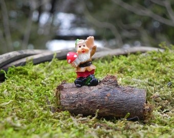 Fairy Garden Gnome on log - miniature for terrarium supplies - handcrafted miniatures - tiny gnome - wood slice - fairy garden accessories