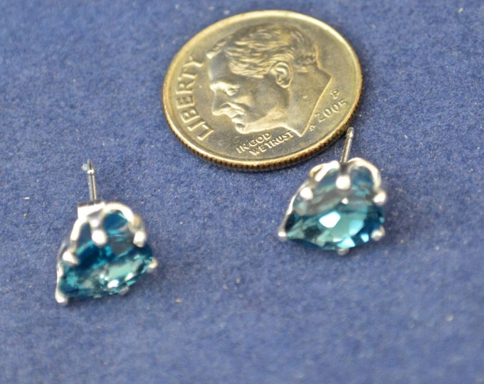 London Blue Topaz Stud Earrings, 9x5mm Pear Shape, Natural, Set in Sterling Silver E227