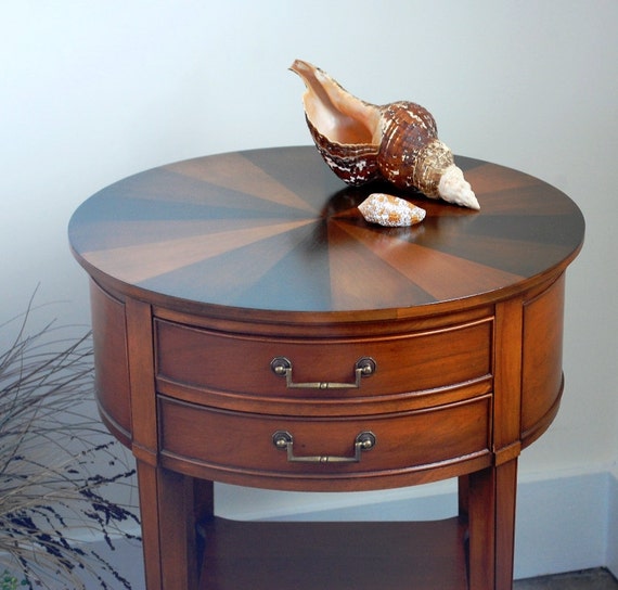 Vintage Hekman Round Side Table Small Table Drawers