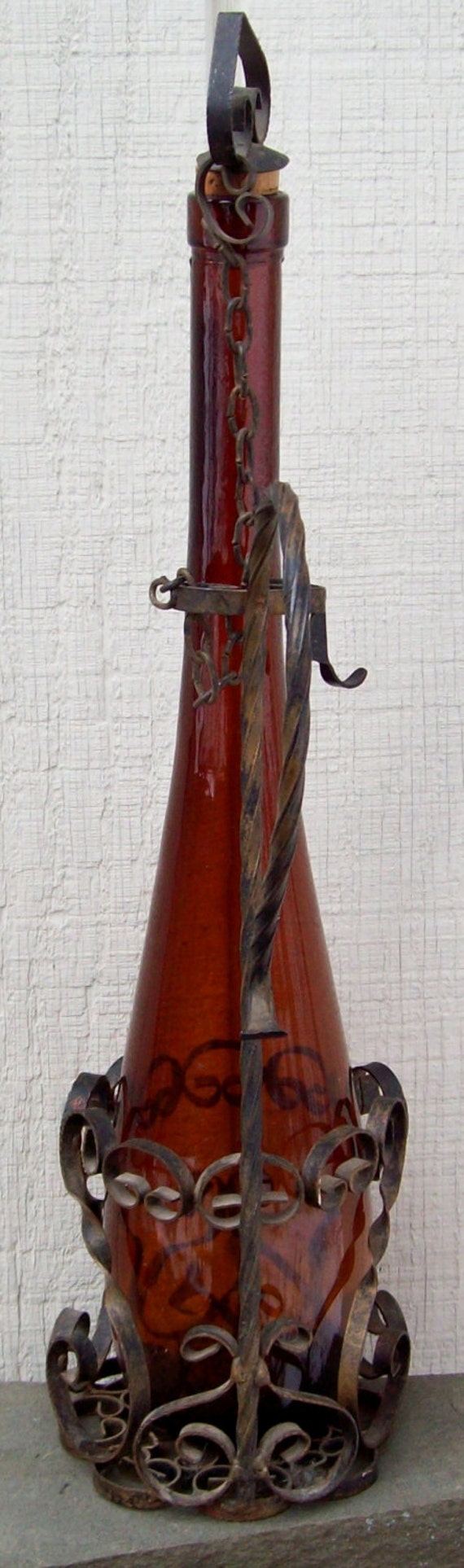 Vintage Corked Souvenir Wine Bottle Ornate Metal Handled