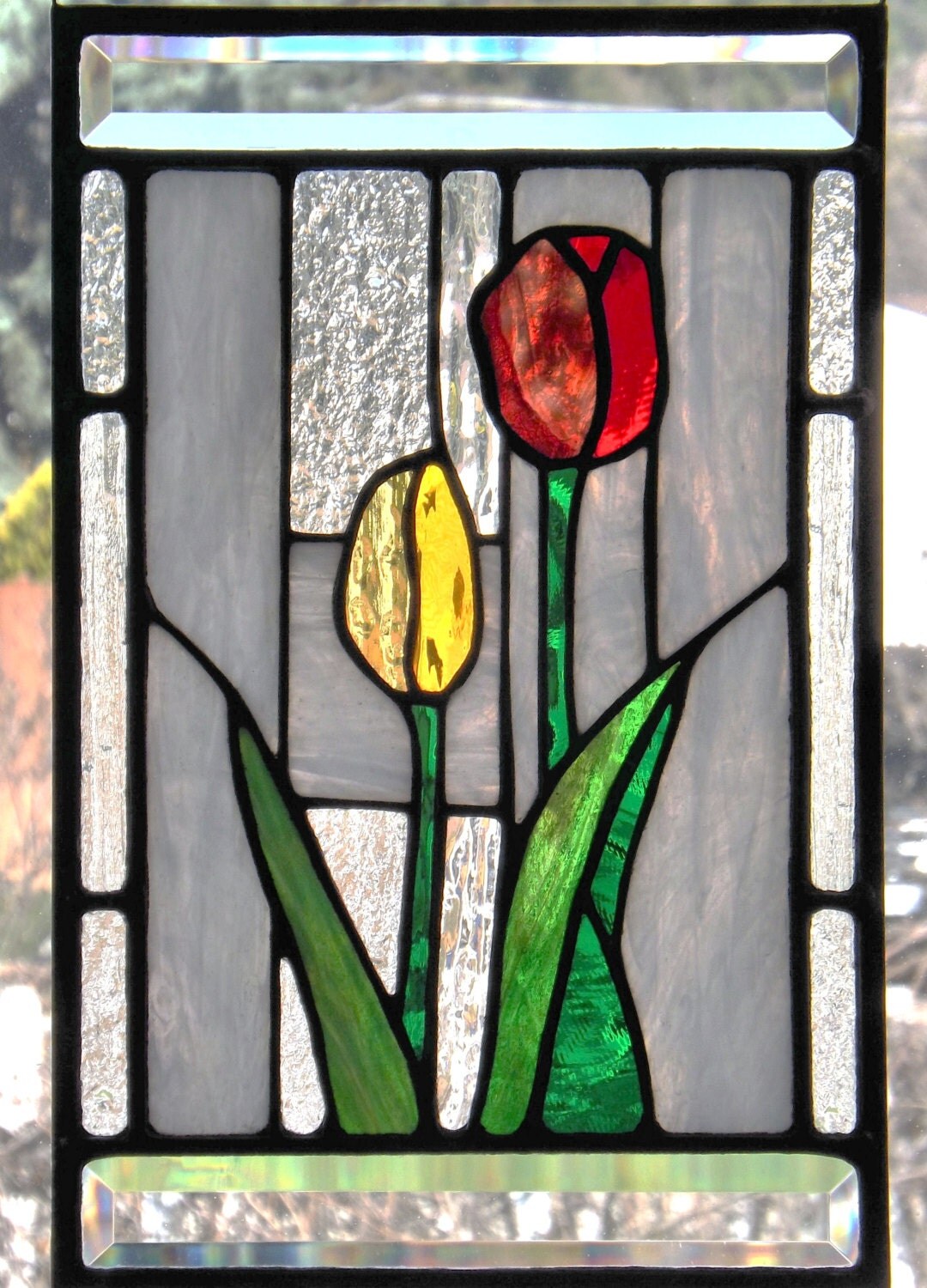 Stained Glass Panel Red Yellow Tulips Flower Home Window 0464