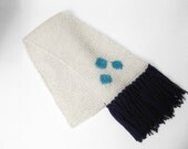 Three Blue Diamonds Knitted White Scarf Hand Made Purple Fringe 6 Inches Wide 5 Feet Long White Neck Warmer