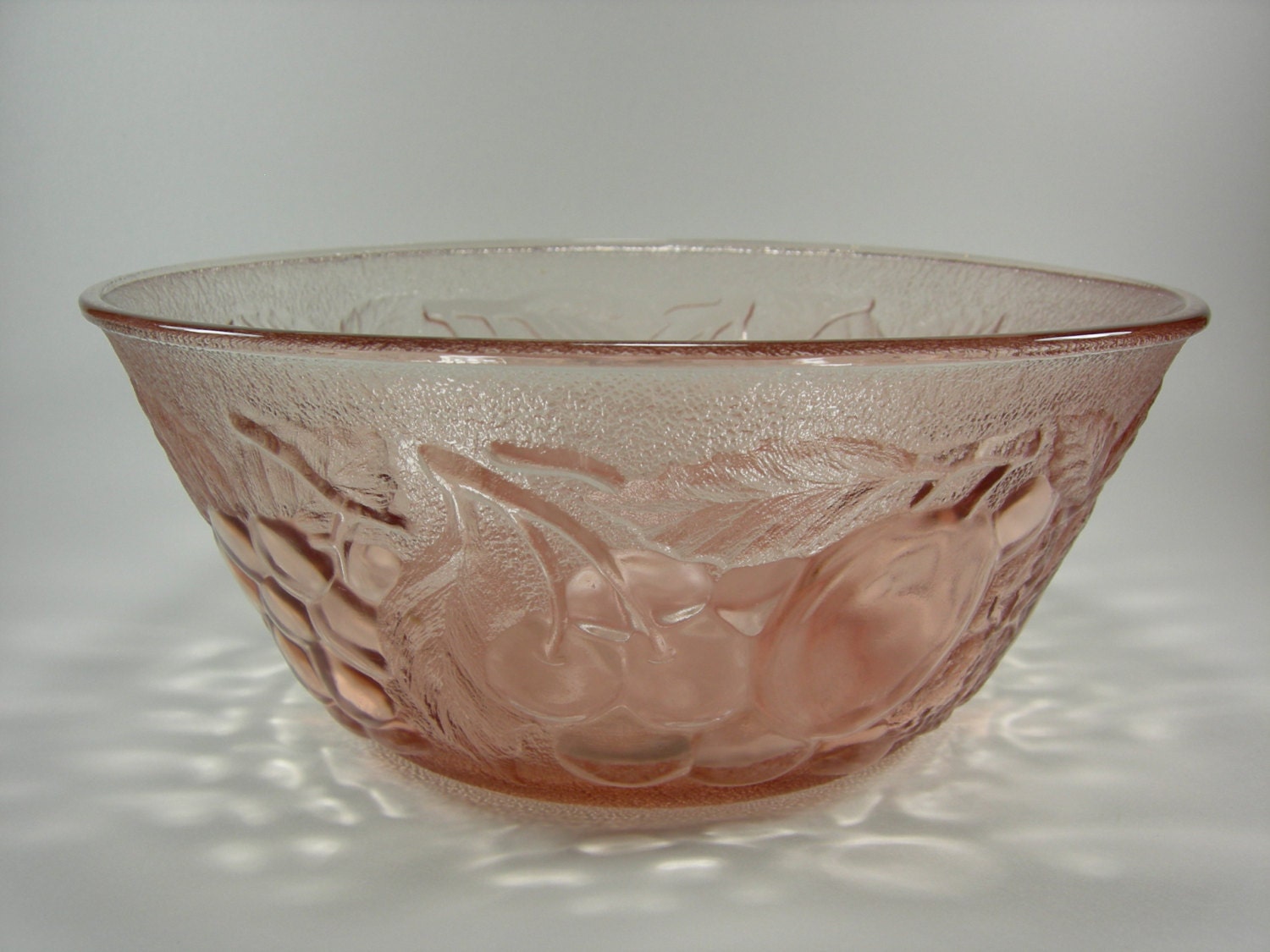 Vintage Pink Frosted Glass Serving Bowl with Fruit Design