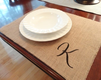 Initial monogram EMBROIDERED burlap placemats - set of 4