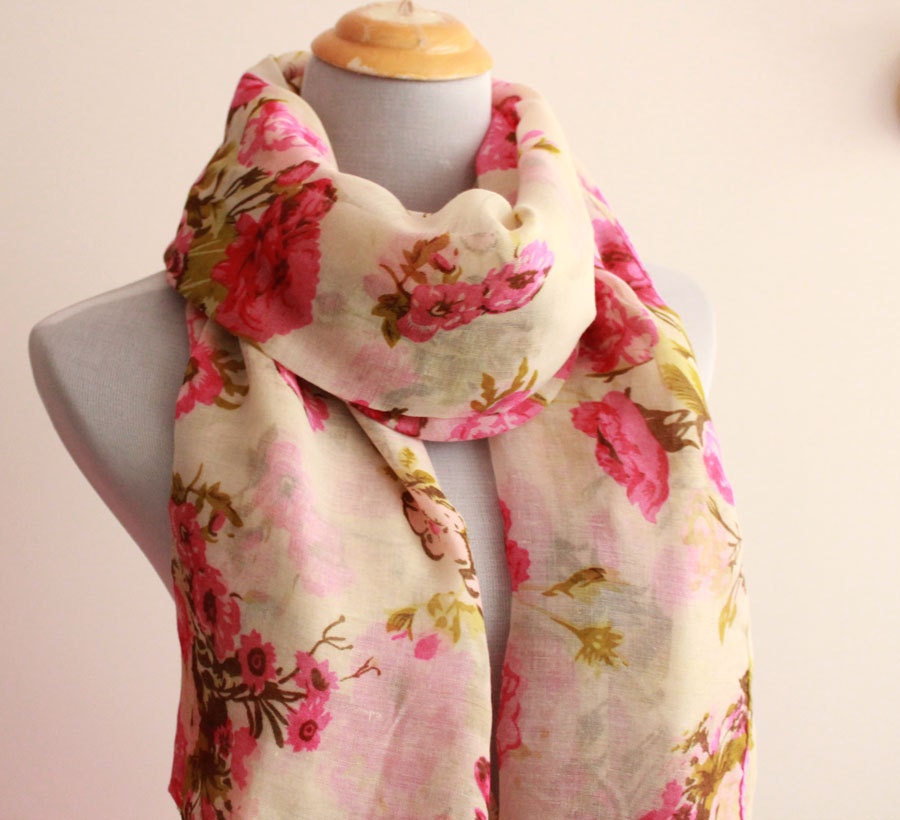 White Flower Scarf Spring Floral Scarf Large Floral Scarf