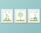 Blue and green Nursery Art Print Set, Kids Room Decor, Baby/Children Wall Art - Tree, Elephant, Giraffe, baby giraffe, love birds