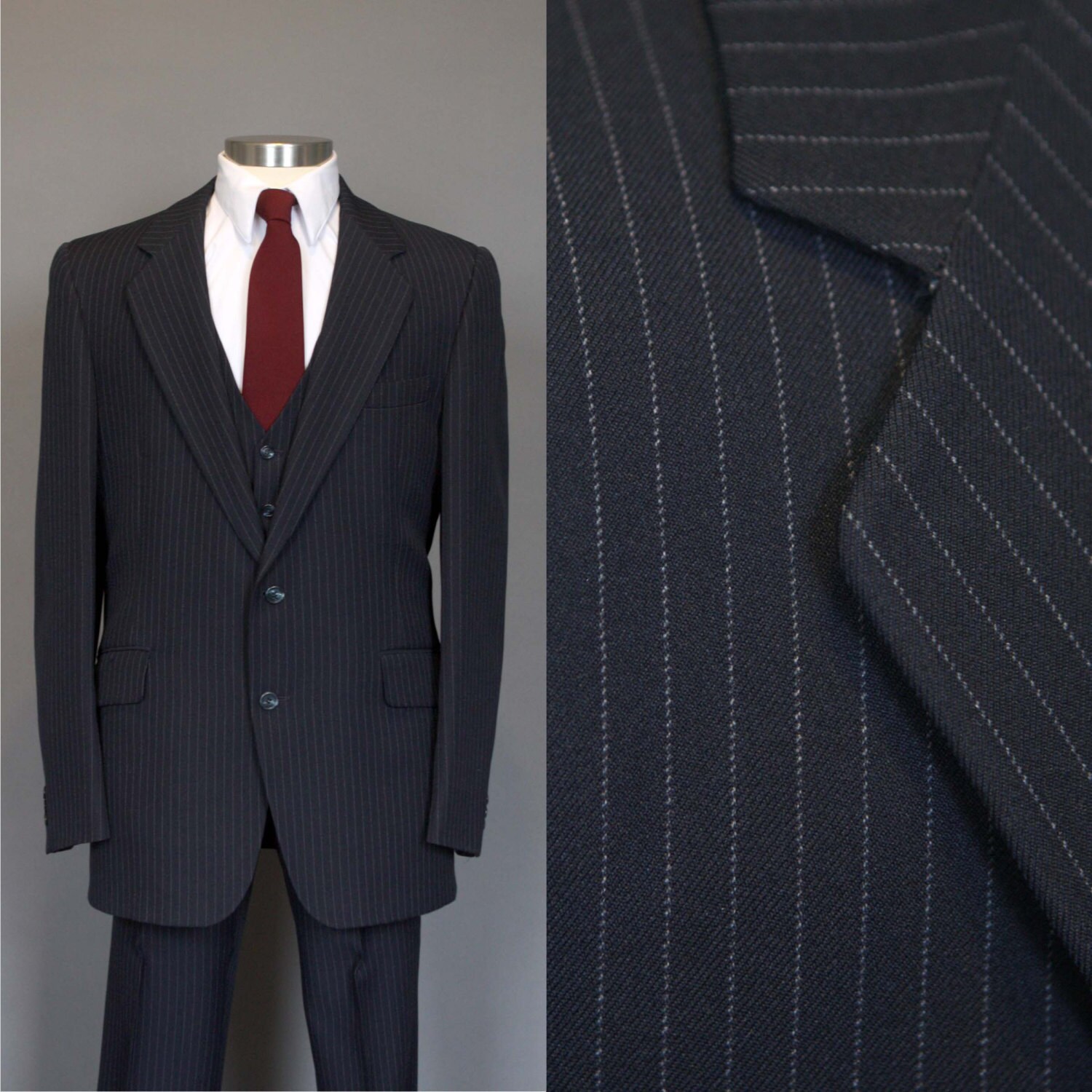 3 Piece Suit Mens Vintage Blue Pinstripe 70s 1970s Dark Navy