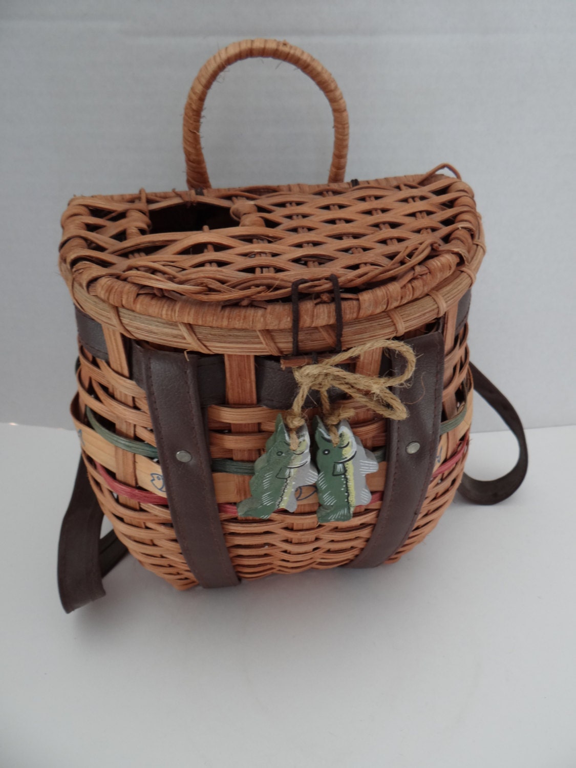 Wood Woven Fishing Basket/ Backpack Decoration