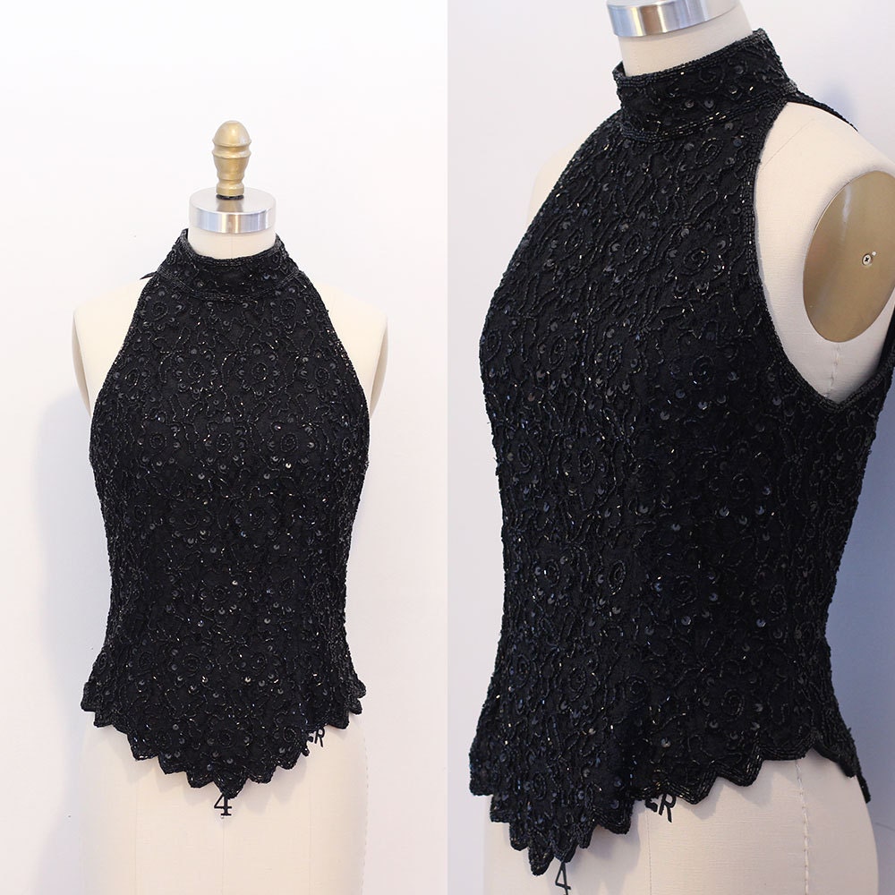1980s Black Beaded Lace Halter Top / Black by icouldrockthat