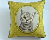 Green eyed cat cushion cover, polka dots cat decorative pillow, cat throw pillow, cat lover gift.