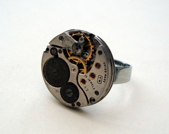 Steampunk ring watch movement silver torch soldered vintage mechanism