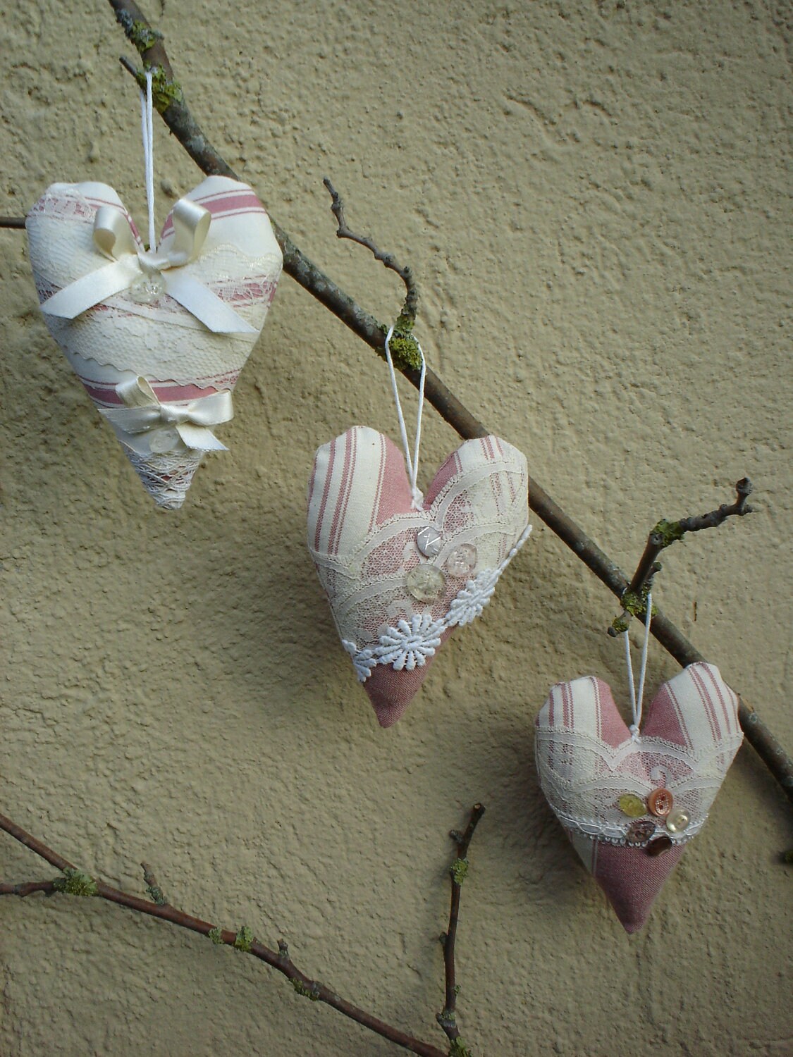 Pink fabric and lace hearts ornaments shabby chic, valentine's day, decorative heart, home decor