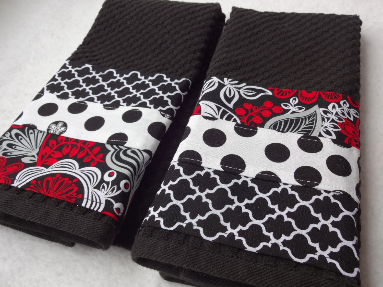  Kitchen  Towel  Set  Black White Red Handmade Kitchen  Black