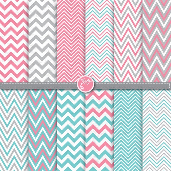 chevron digital paper pack ,pink aqua blue grey digital paper Clip Art Printable for Scrapbooking, Cards, Party paper ,Invitations Dp045 Il_570xn