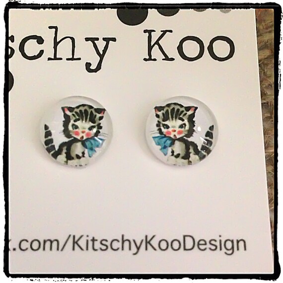 FREE SHIPPING - Vintage Cartoon Cat - Surgical Steel - Cat Earrings - Free Postage - Cat Jewelry - Cartoon Jewelry - Cat Free Postage