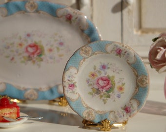 Dollhouse miniature Staffordshire Rose Blue Plate.