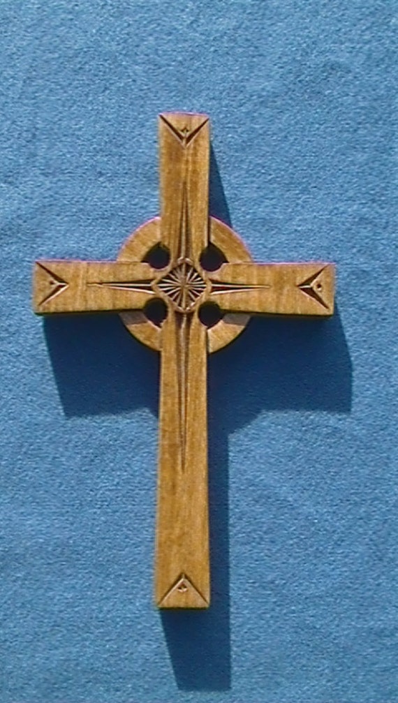 Wooden Celtic Cross with Handcarved Designs.