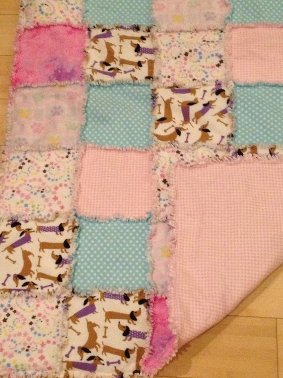 Flannel print rag type quilt with batting featuring dachshund