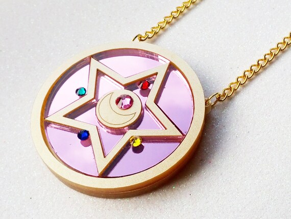 Crystal Star Compact Necklace: CRYSTAL STAR COMPACT Metallic Gold Laser Cut Acrylic Sailor Moon Necklace