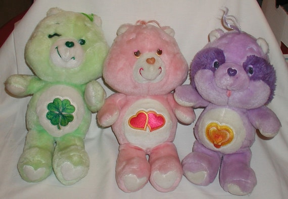 Three Vintage 1980s Care Bears Plush Stuffed Animals Bright