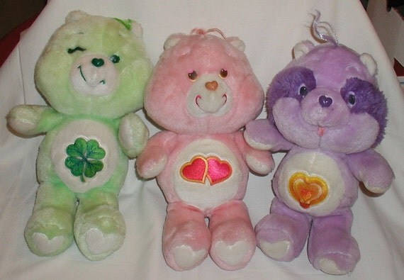 Three Vintage 1980s Care Bears Plush Stuffed Animals Bright