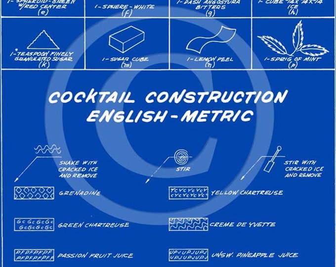 Crate AND Barrel Style Blue Martini cocktail construction recipe layout blueprint bar art drafting type fine art print poster