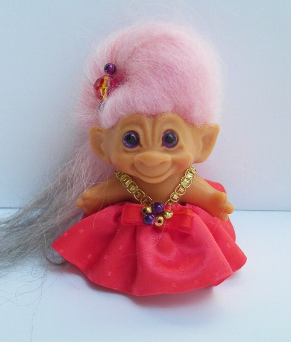 Vintage Scandia Troll Doll Purple Eyes and Pink Hair All