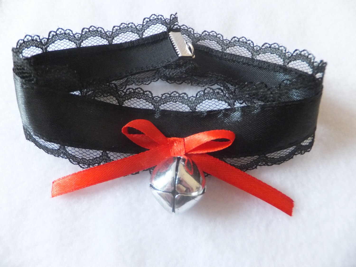 Black Cosplay Red Bow Lace Silver Bell Cat Collar Maid Choker