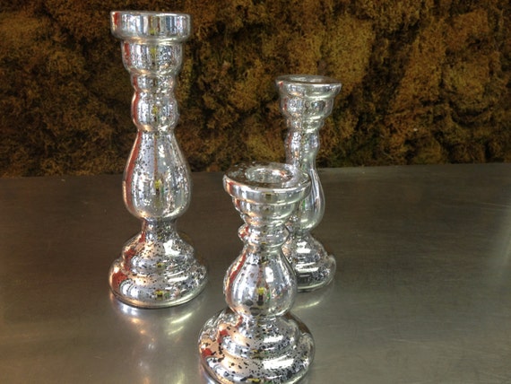 Set of Three Mercury Glass Candlesticks (6.5 inches, 8.25 inches, 10.5 inches tall)