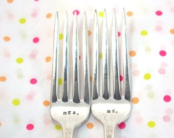 Mr. Mrs. Fork Set - Hand Stamped Vintage Silverware, wedding forks, wedding gift