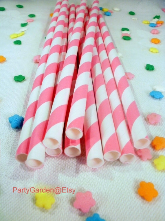 25 Pink Striped Paper Straws - With Free Printable DIY Flags Il_570xn